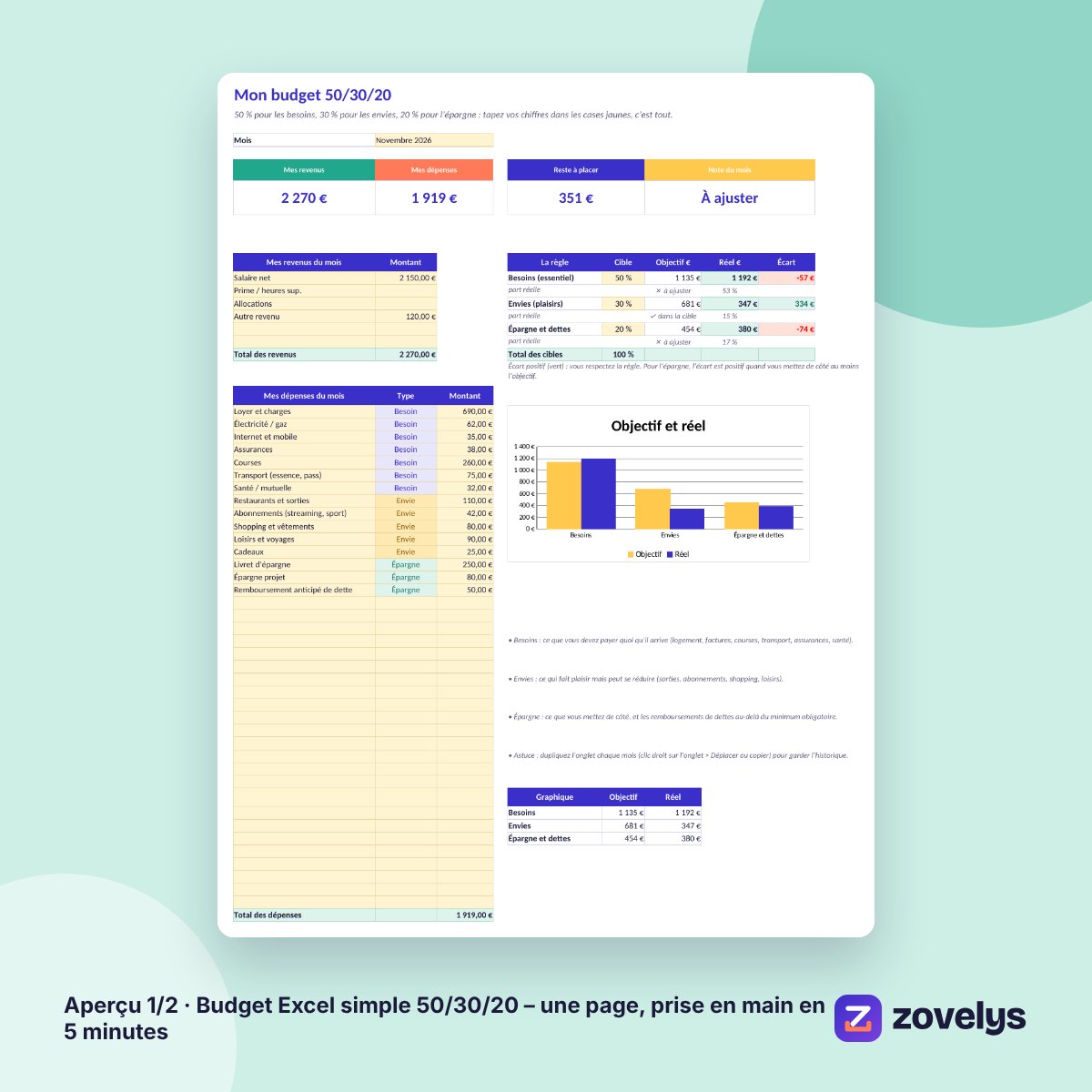 Budget Excel simple 50/30/20 – une page, prise en main en 5 minutes – aperçu 1