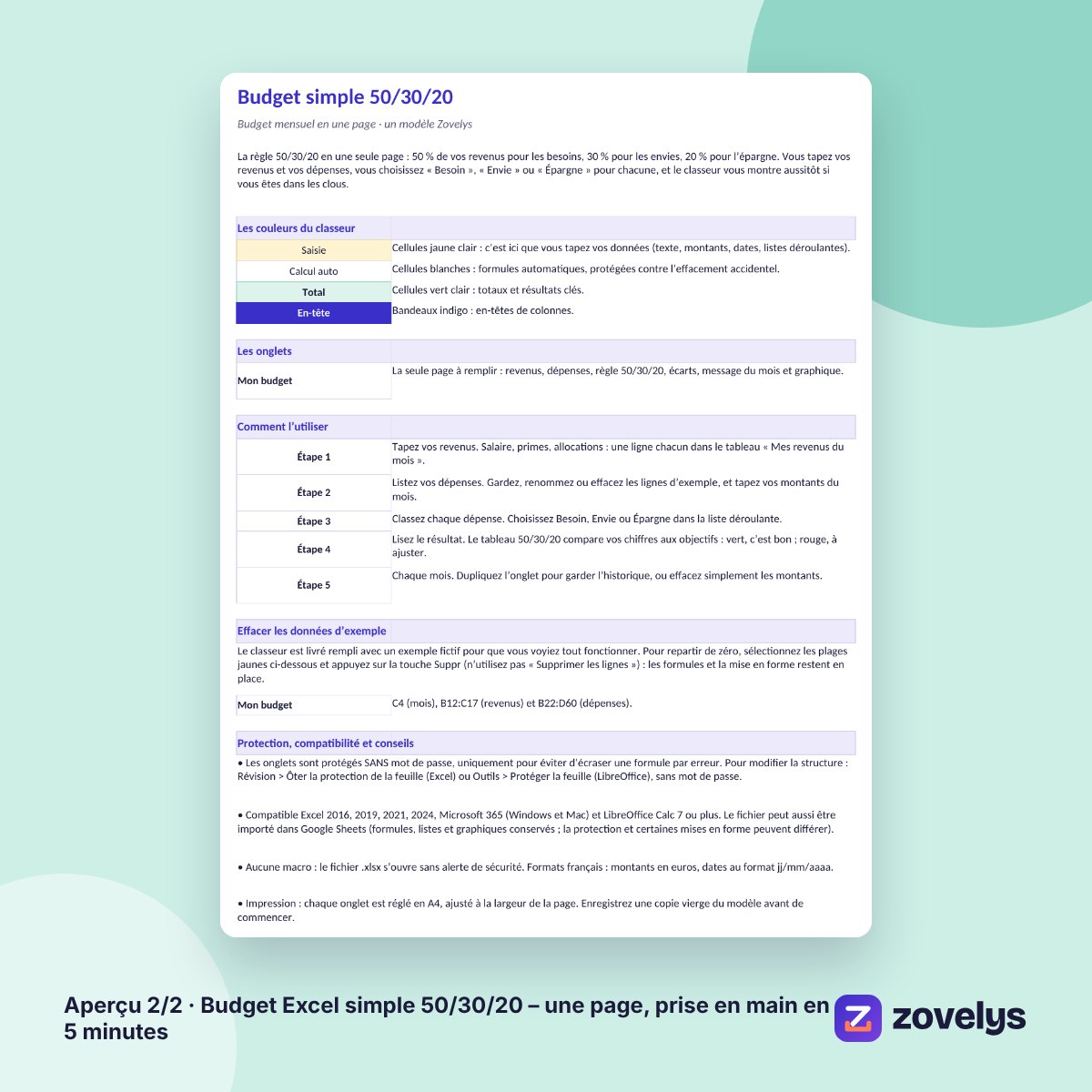 Budget Excel simple 50/30/20 – une page, prise en main en 5 minutes – aperçu 2