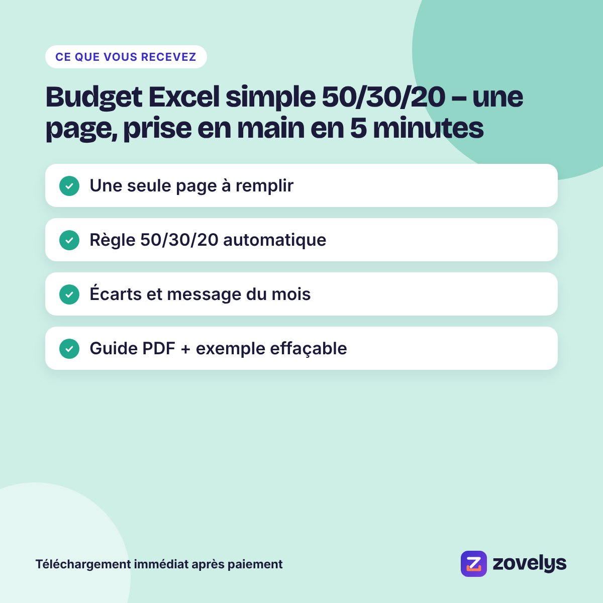 Budget Excel simple 50/30/20 – une page, prise en main en 5 minutes – aperçu 3