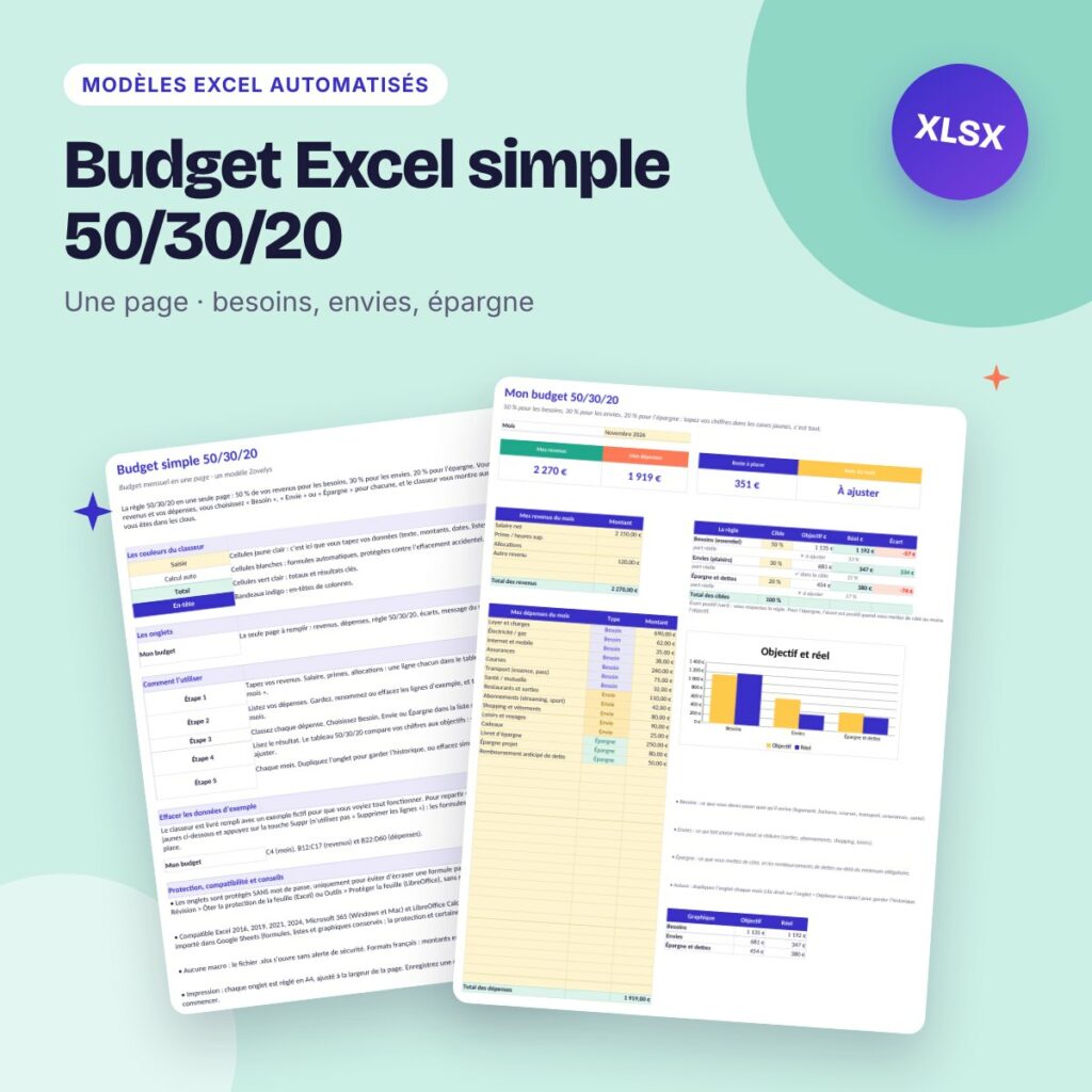 Budget Excel simple 50/30/20 – une page, prise en main en 5 minutes