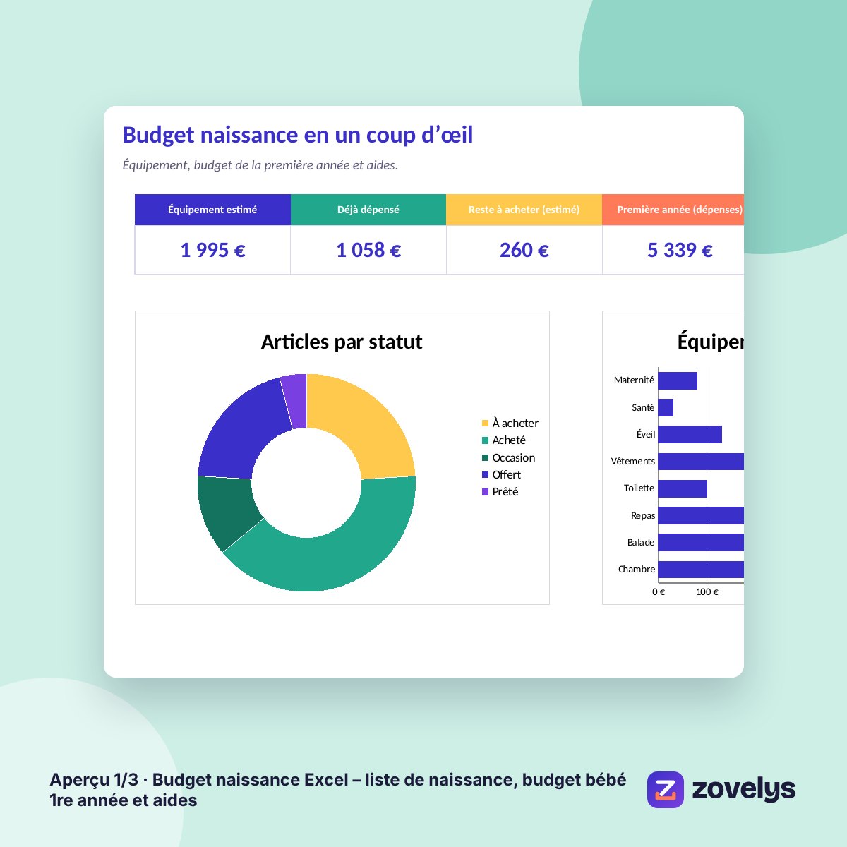 Budget naissance Excel – liste de naissance, budget bébé 1re année et aides – aperçu 1