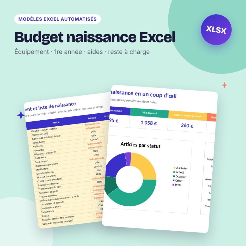 Budget naissance Excel – liste de naissance, budget bébé 1re année et aides