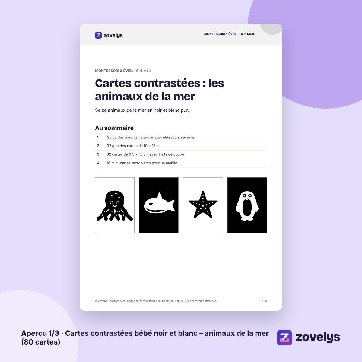 Cartes contrastées bébé noir et blanc – animaux de la mer (80 cartes) – aperçu 1