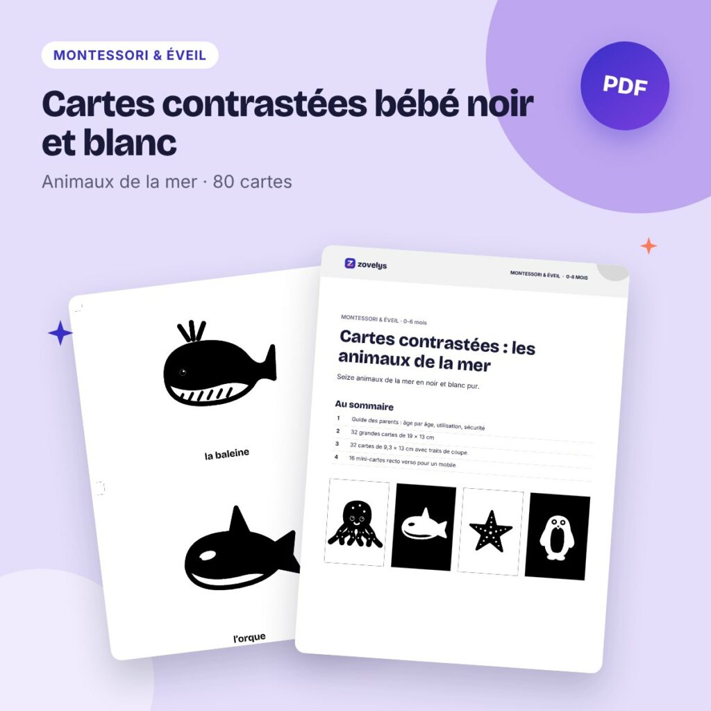 Cartes contrastées bébé noir et blanc – animaux de la mer (80 cartes)