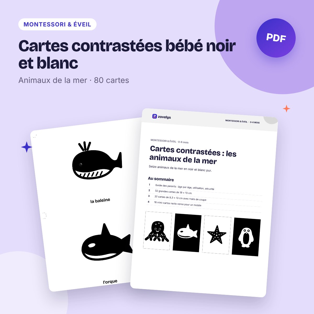 Cartes contrastées bébé noir et blanc – animaux de la mer (80 cartes)