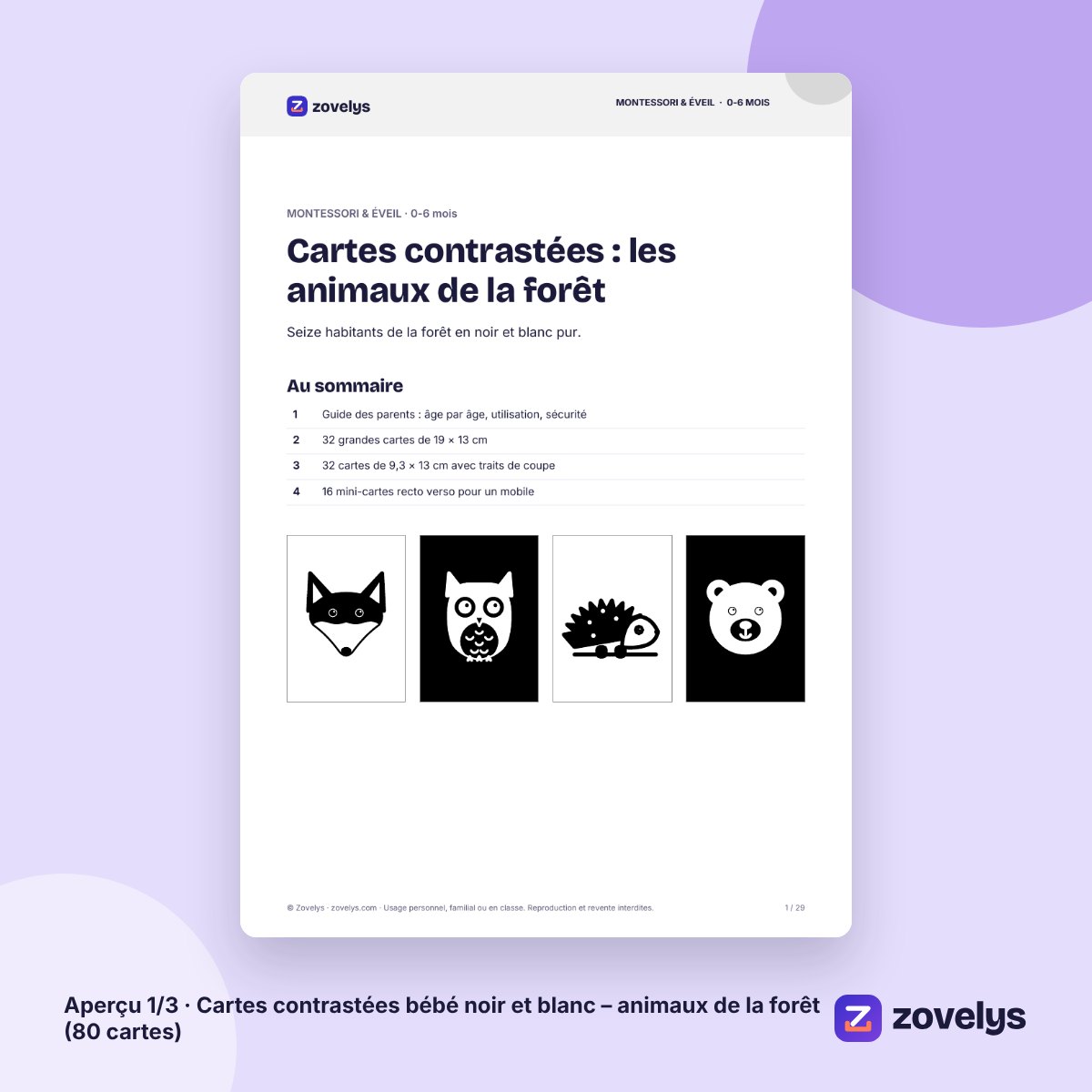 Cartes contrastées bébé noir et blanc – animaux de la forêt (80 cartes) – aperçu 1