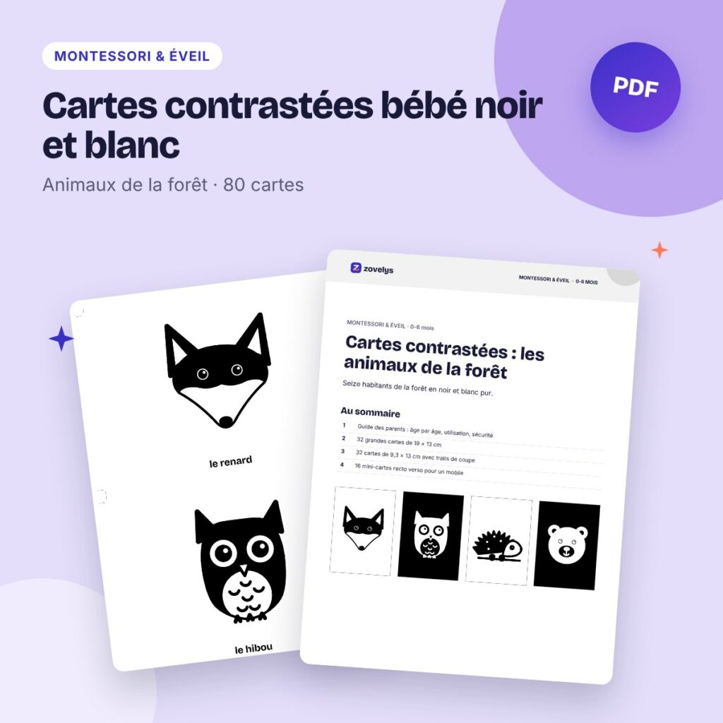 Cartes contrastées bébé noir et blanc – animaux de la forêt (80 cartes)