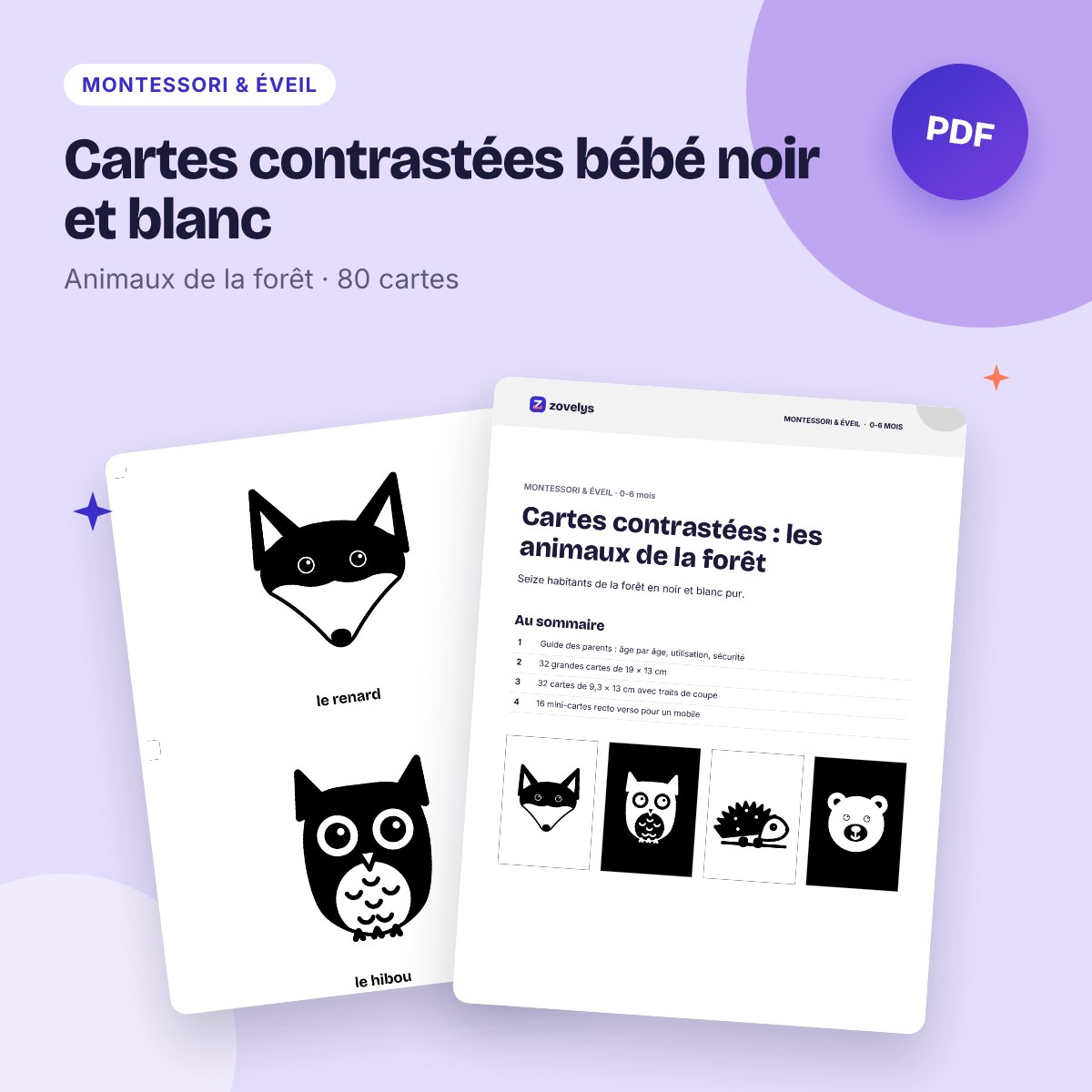 Cartes contrastées bébé noir et blanc – animaux de la forêt (80 cartes)