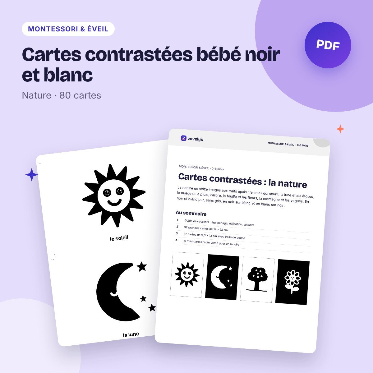 Cartes contrastées bébé noir et blanc – nature et ciel (80 cartes)