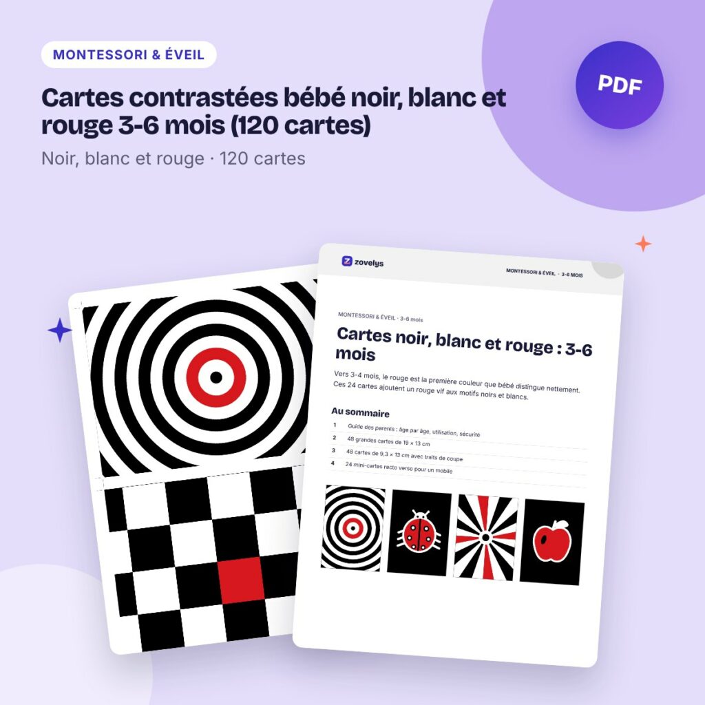 Cartes contrastées bébé noir, blanc et rouge 3-6 mois (120 cartes)