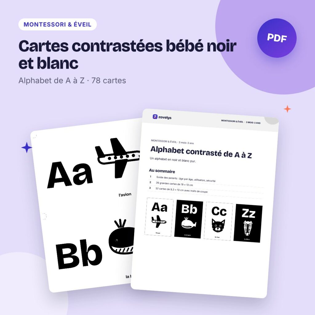 Cartes contrastées bébé noir et blanc – alphabet de A à Z (78 cartes)