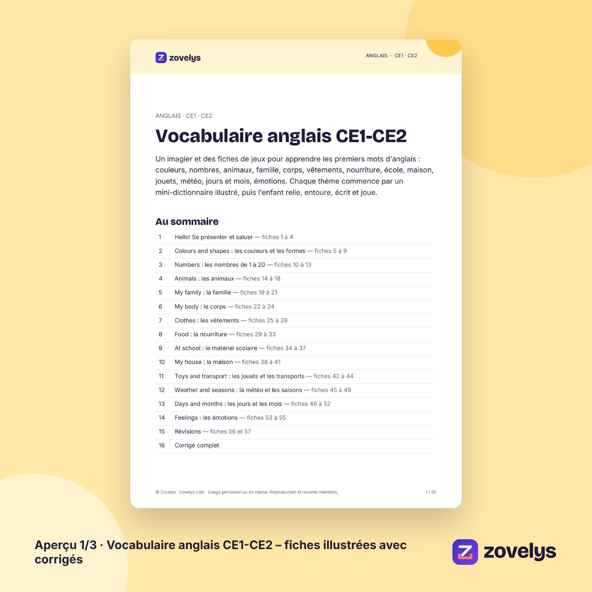 Vocabulaire anglais CE1-CE2 – fiches illustrées avec corrigés – aperçu 1