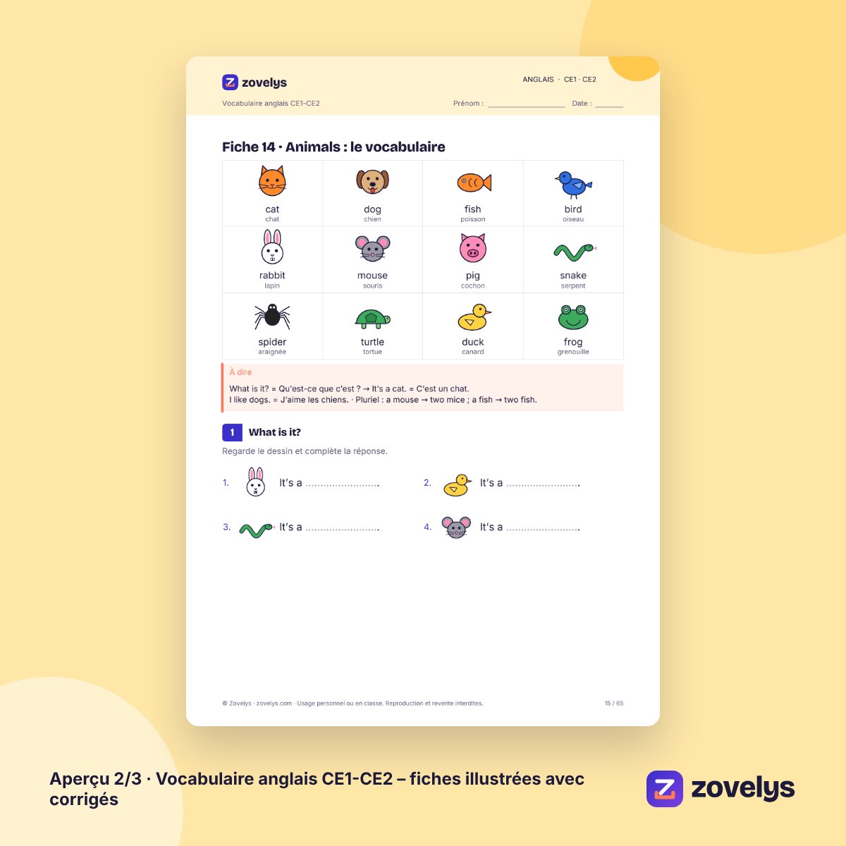 Vocabulaire anglais CE1-CE2 – fiches illustrées avec corrigés – aperçu 2