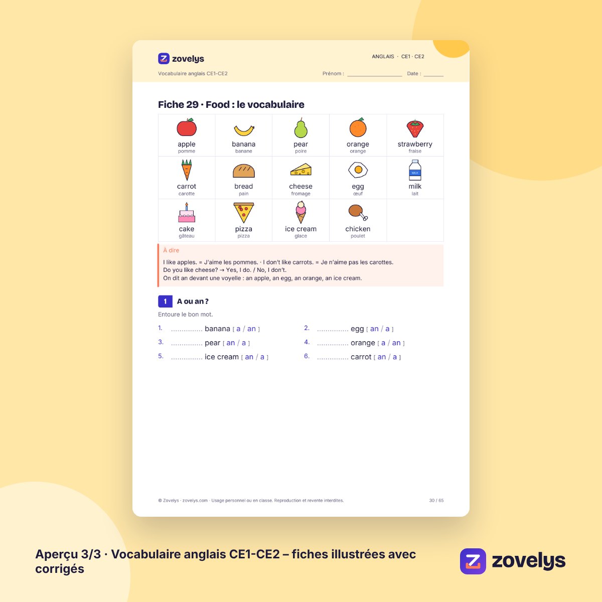 Vocabulaire anglais CE1-CE2 – fiches illustrées avec corrigés – aperçu 3