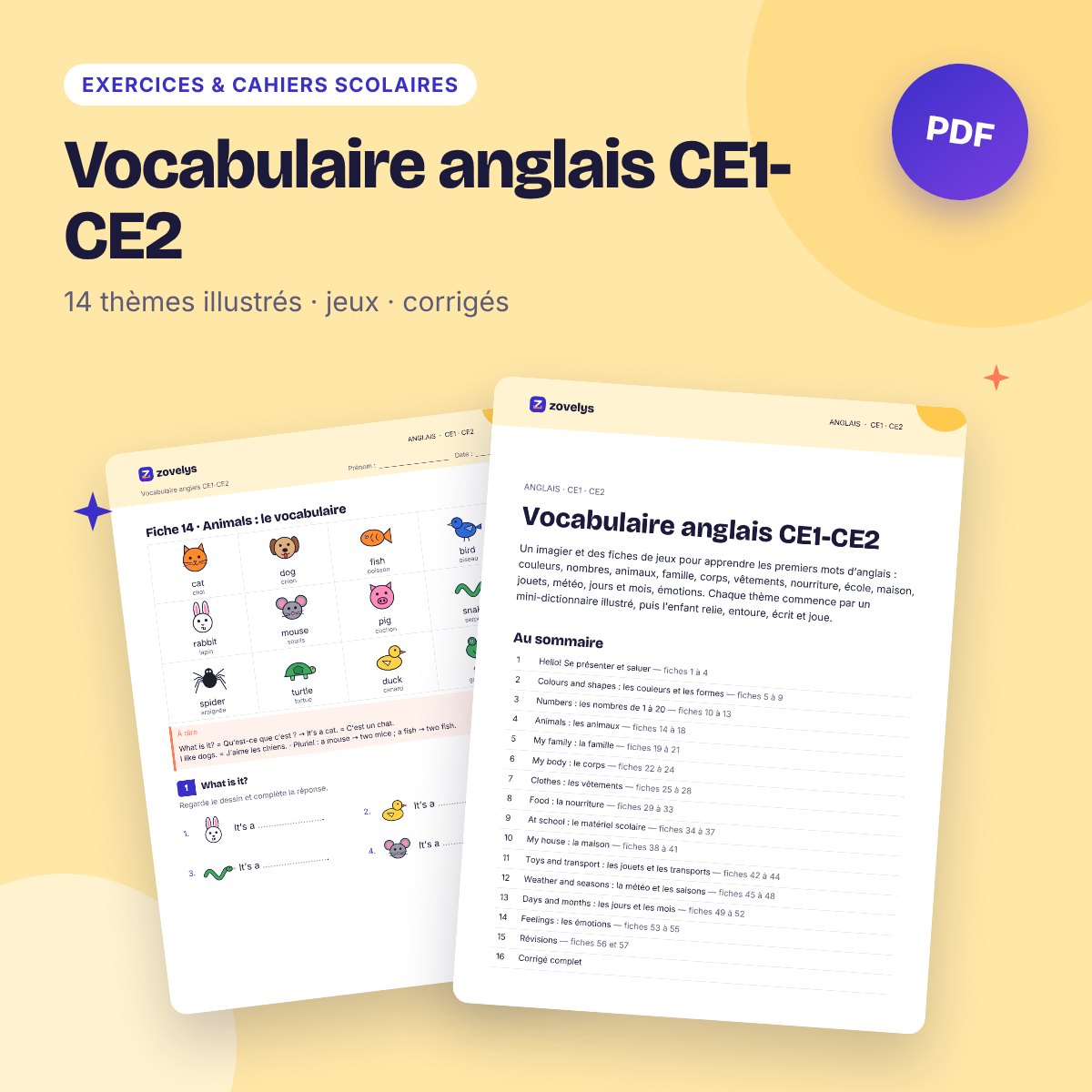 Vocabulaire anglais CE1-CE2 – fiches illustrées avec corrigés
