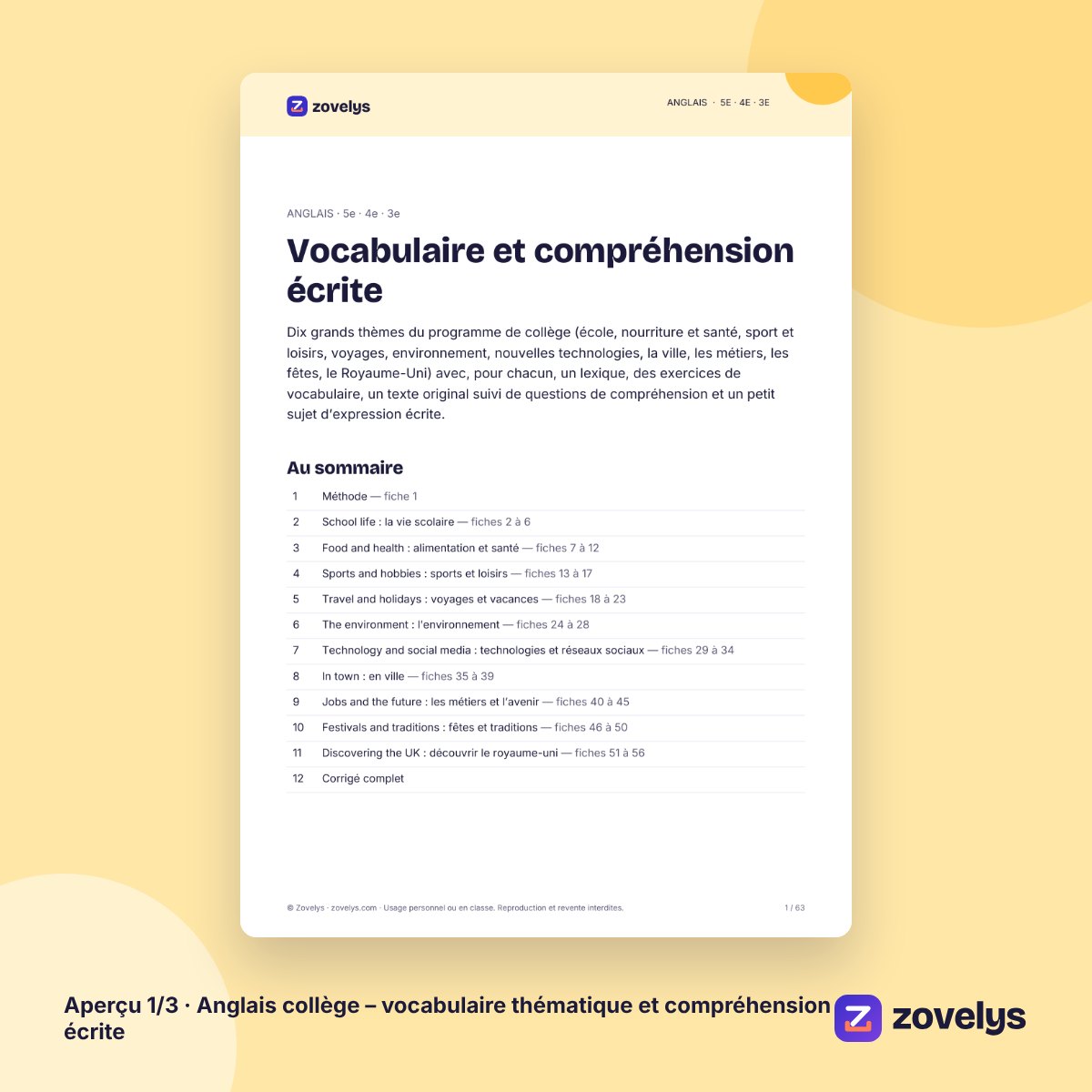 Anglais collège – vocabulaire thématique et compréhension écrite – aperçu 1