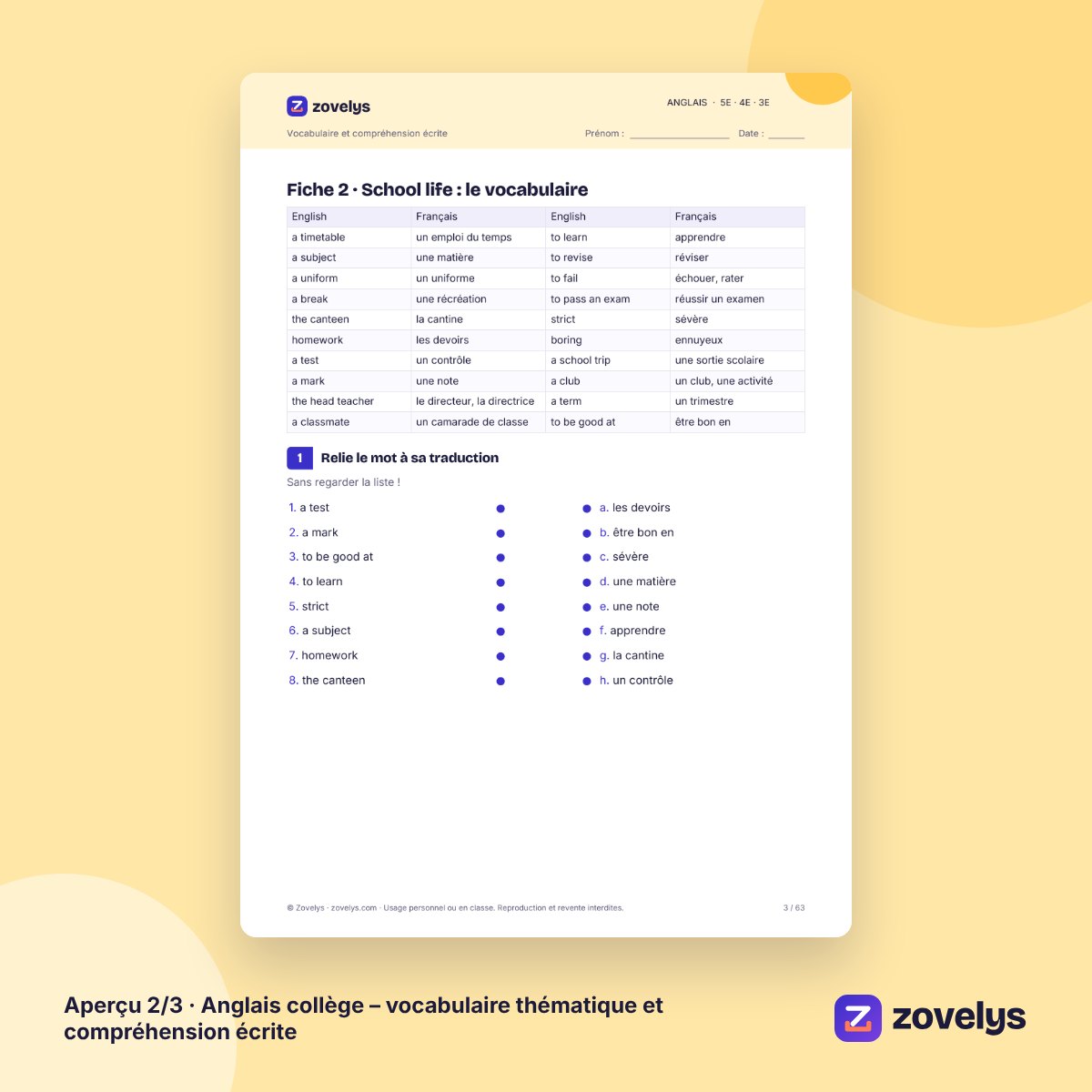 Anglais collège – vocabulaire thématique et compréhension écrite – aperçu 2
