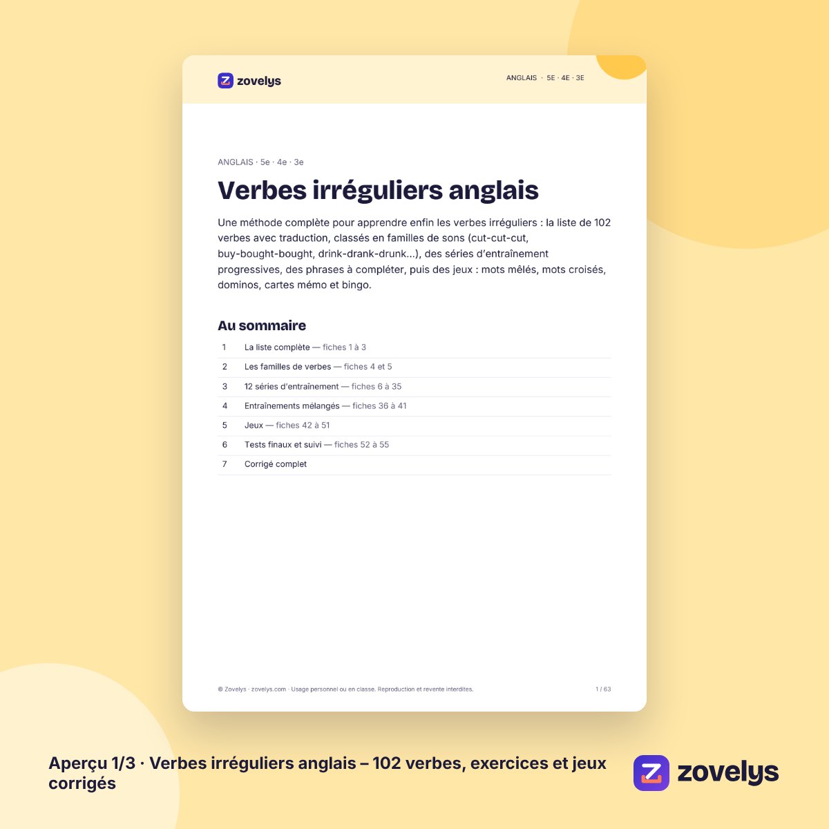 Verbes irréguliers anglais – 102 verbes, exercices et jeux corrigés – aperçu 1