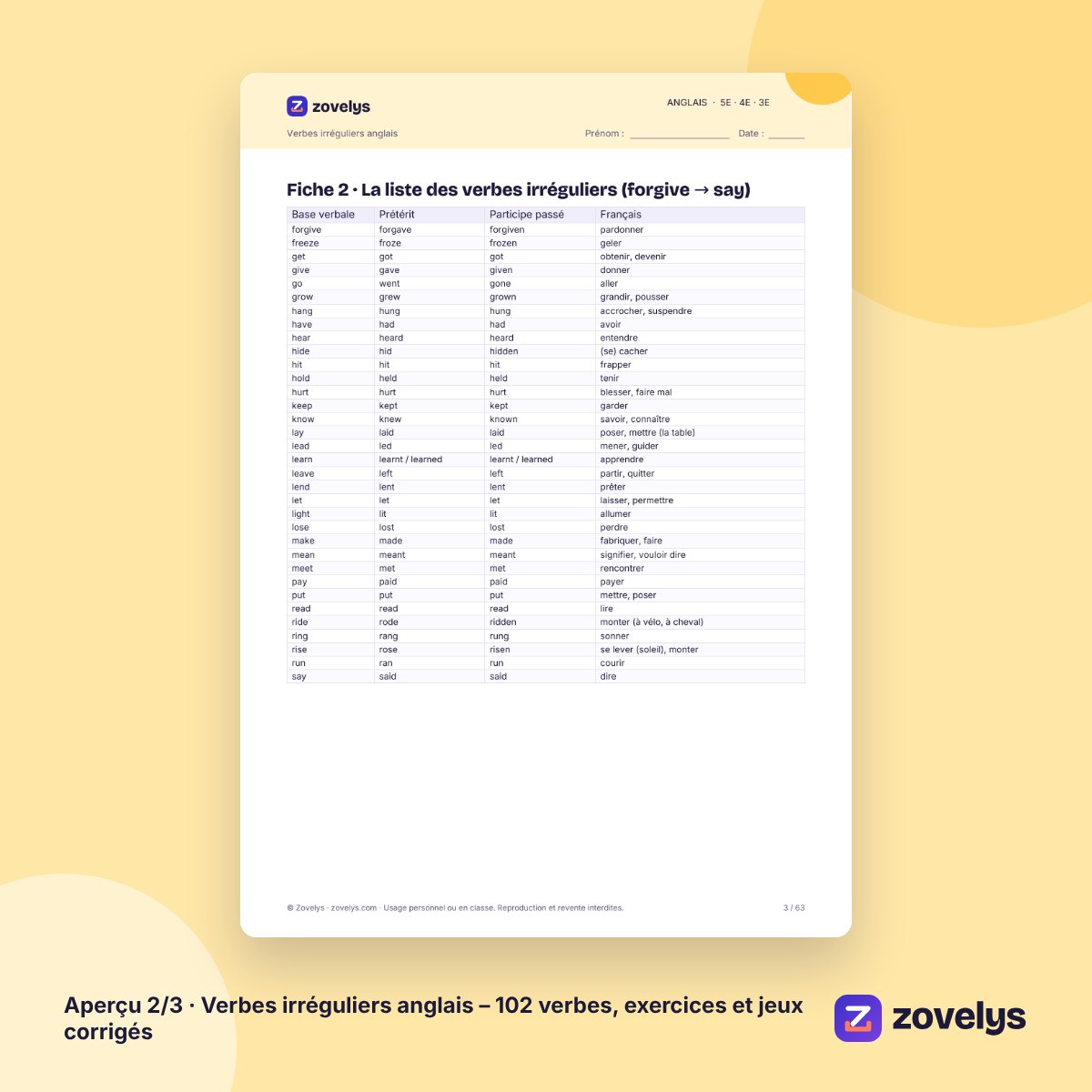 Verbes irréguliers anglais – 102 verbes, exercices et jeux corrigés – aperçu 2