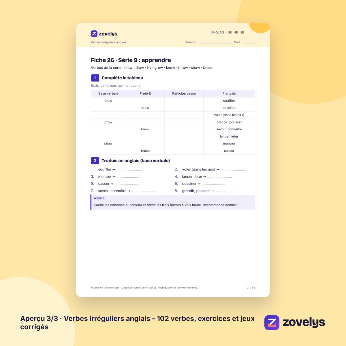 Verbes irréguliers anglais – 102 verbes, exercices et jeux corrigés – aperçu 3