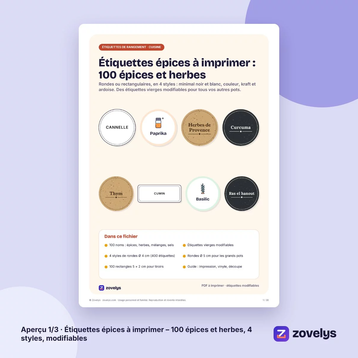 Étiquettes épices à imprimer – 100 épices et herbes, 4 styles, modifiables – aperçu 1