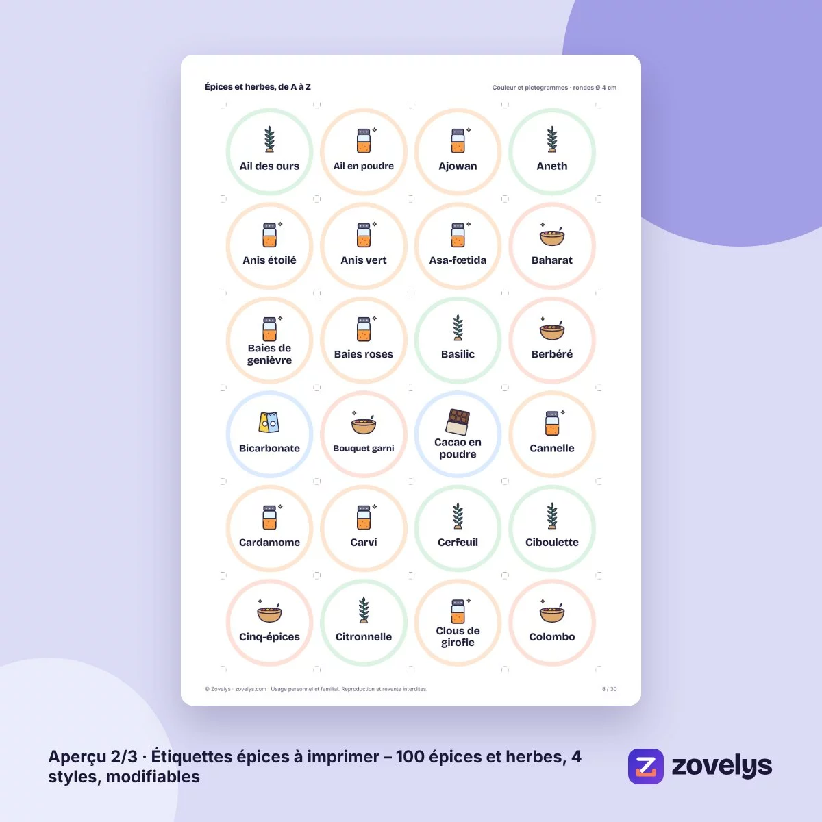 Étiquettes épices à imprimer – 100 épices et herbes, 4 styles, modifiables – aperçu 2