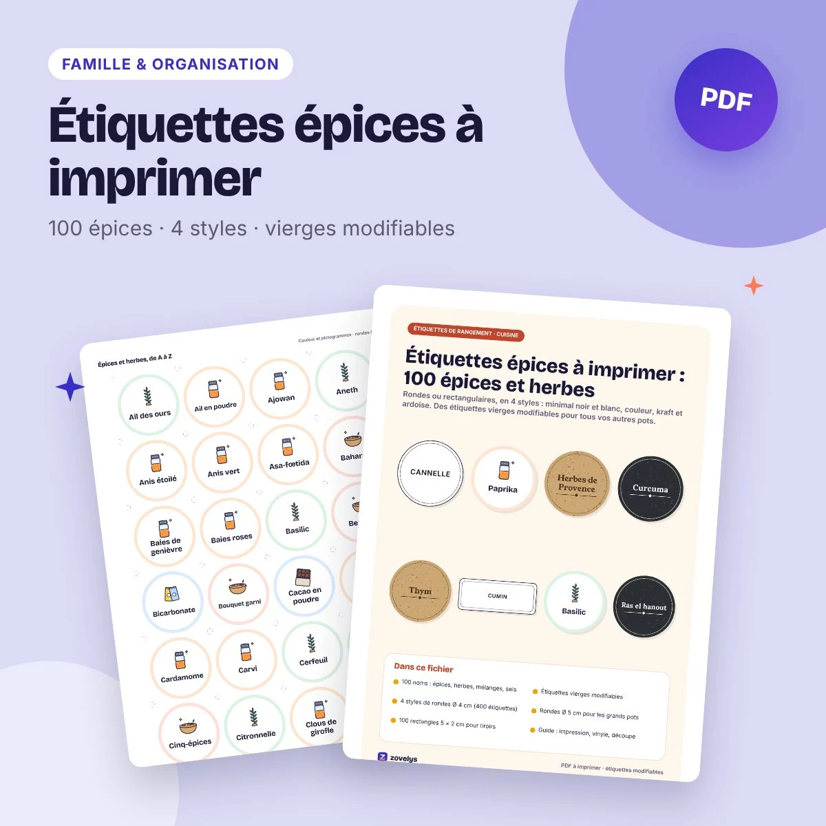Étiquettes épices à imprimer – 100 épices et herbes, 4 styles, modifiables