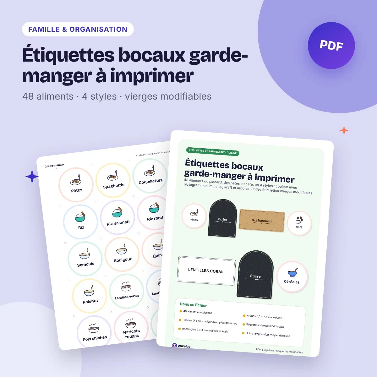 Étiquettes bocaux garde-manger à imprimer – 48 aliments, 4 styles, modifiables