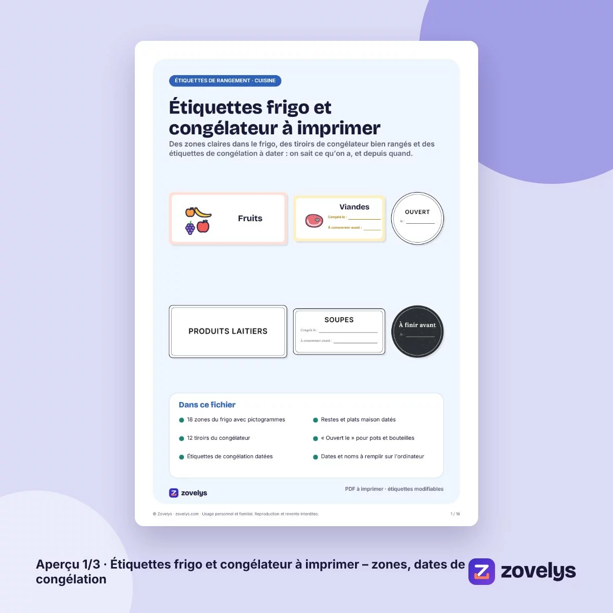 Étiquettes frigo et congélateur à imprimer – zones, dates de congélation – aperçu 1