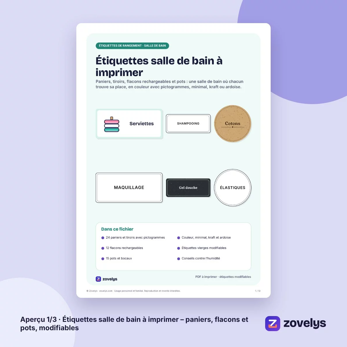 Étiquettes salle de bain à imprimer – paniers, flacons et pots, modifiables – aperçu 1