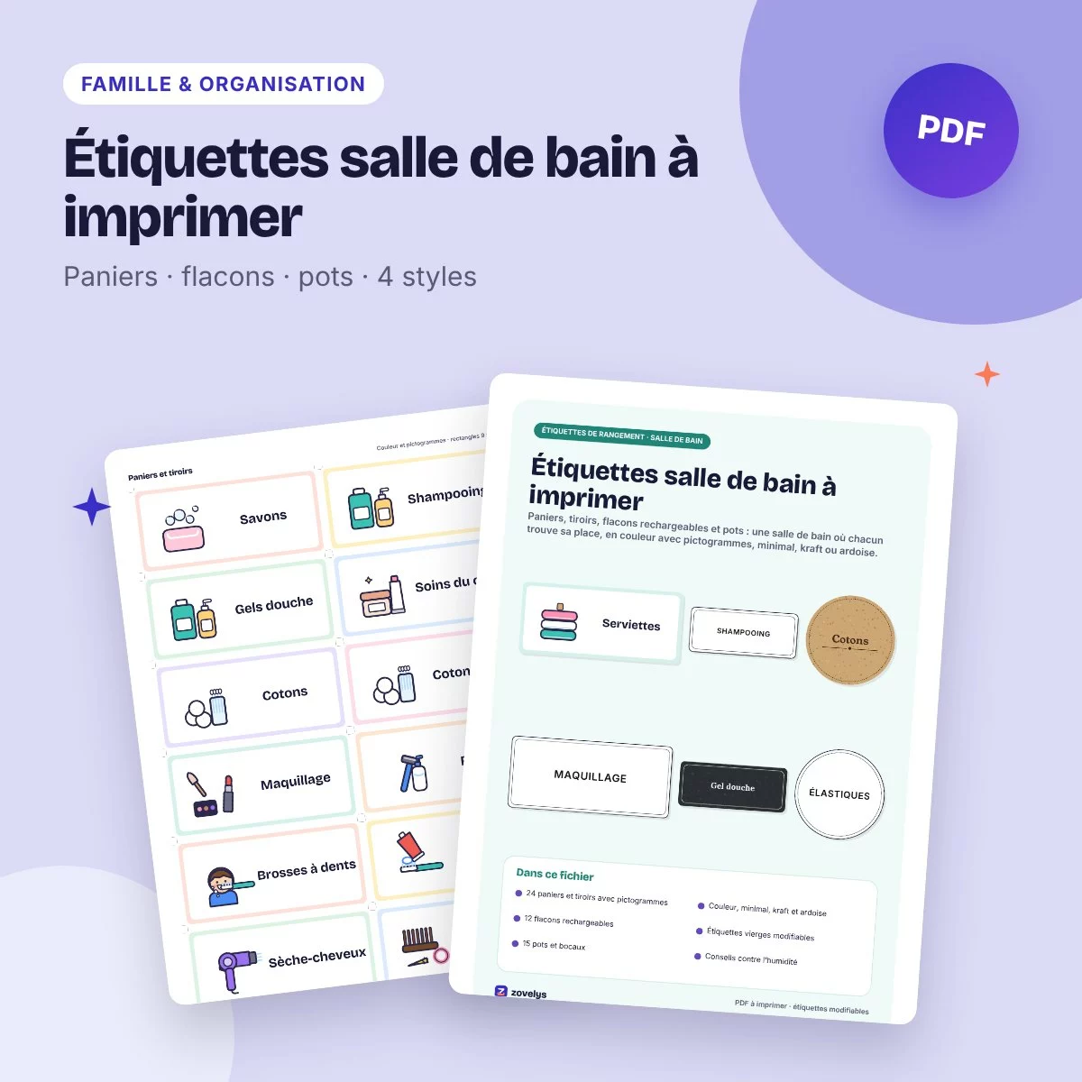 Étiquettes salle de bain à imprimer – paniers, flacons et pots, modifiables