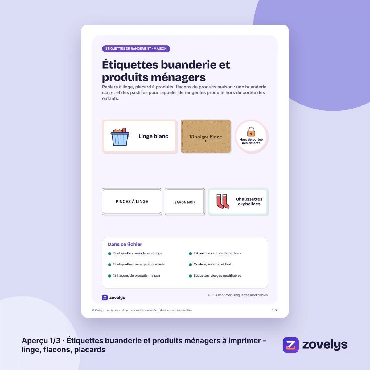 Étiquettes buanderie et produits ménagers à imprimer – linge, flacons, placards – aperçu 1