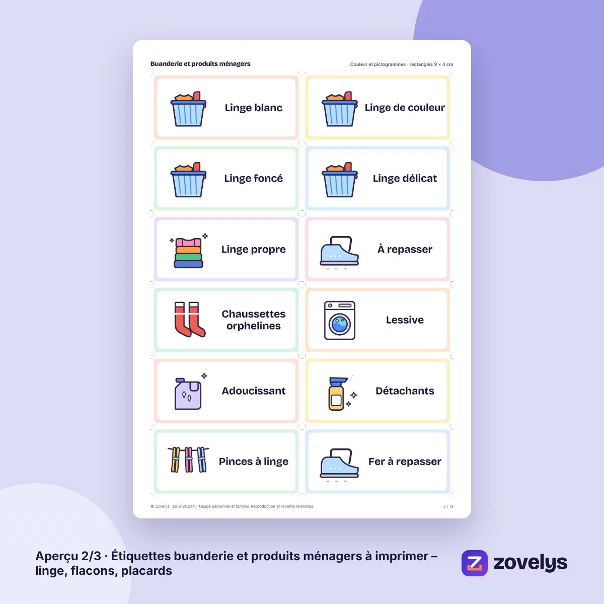 Étiquettes buanderie et produits ménagers à imprimer – linge, flacons, placards – aperçu 2