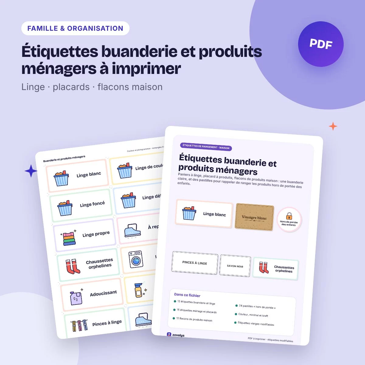 Étiquettes buanderie et produits ménagers à imprimer – linge, flacons, placards