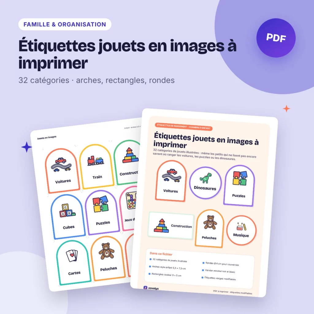 Étiquettes jouets en images à imprimer – 32 catégories pour ranger la chambre