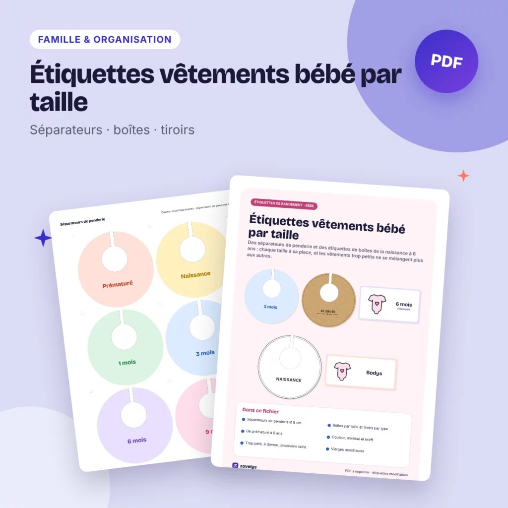 Étiquettes vêtements bébé par taille – séparateurs de penderie et boîtes