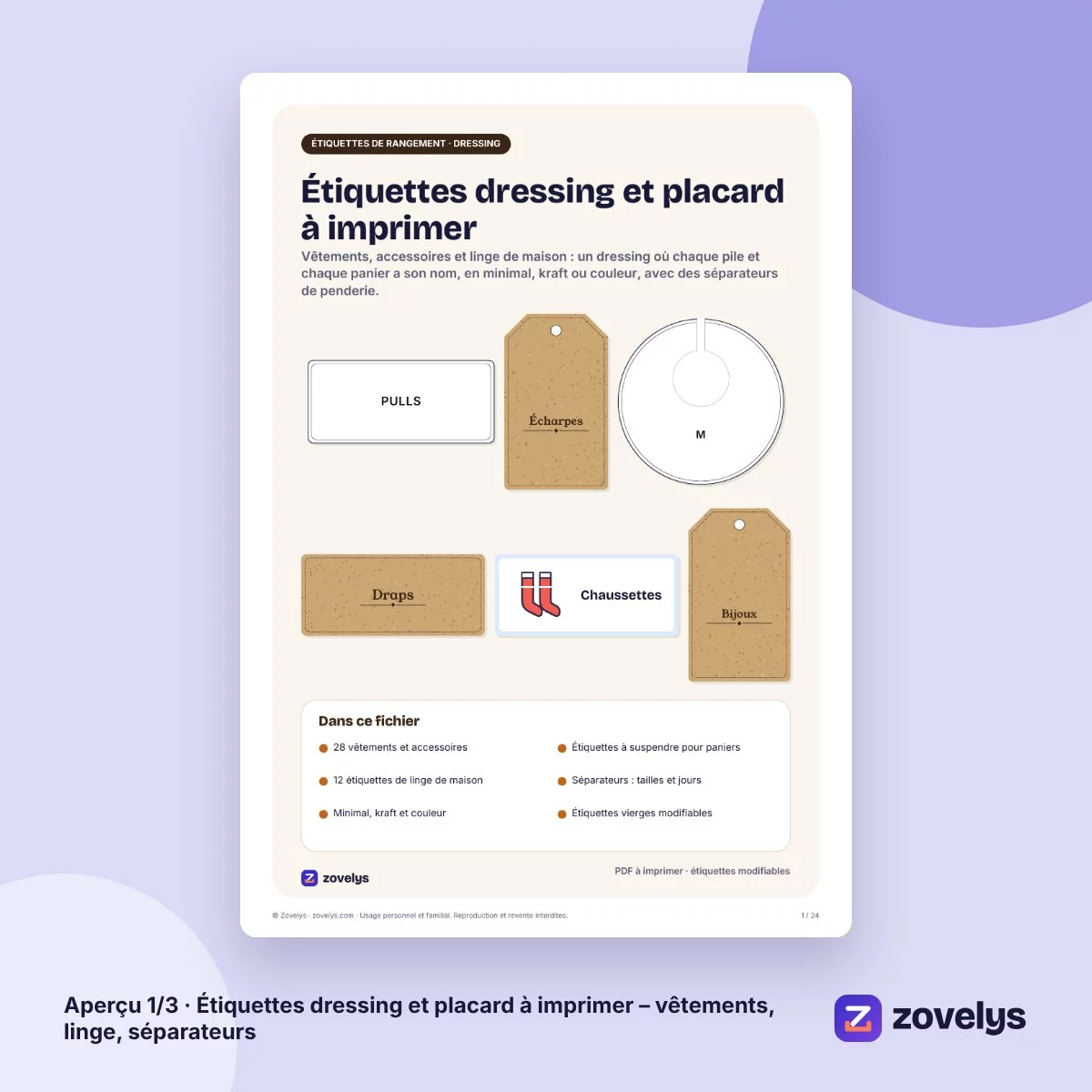 Étiquettes dressing et placard à imprimer – vêtements, linge, séparateurs – aperçu 1