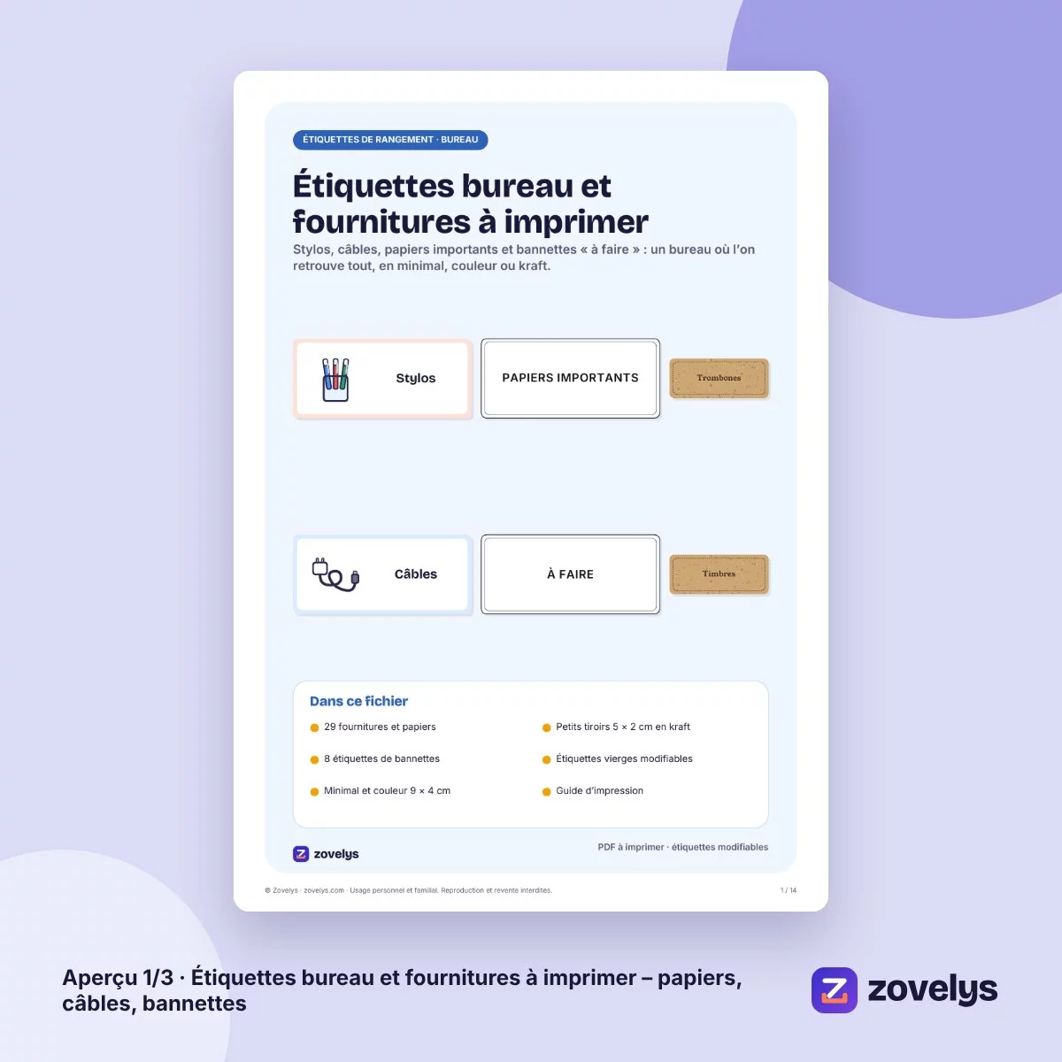 Étiquettes bureau et fournitures à imprimer – papiers, câbles, bannettes – aperçu 1