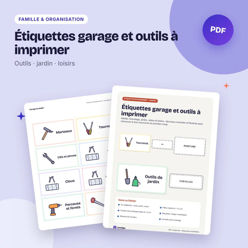 Étiquettes garage et outils à imprimer – atelier, bricolage, jardin, loisirs