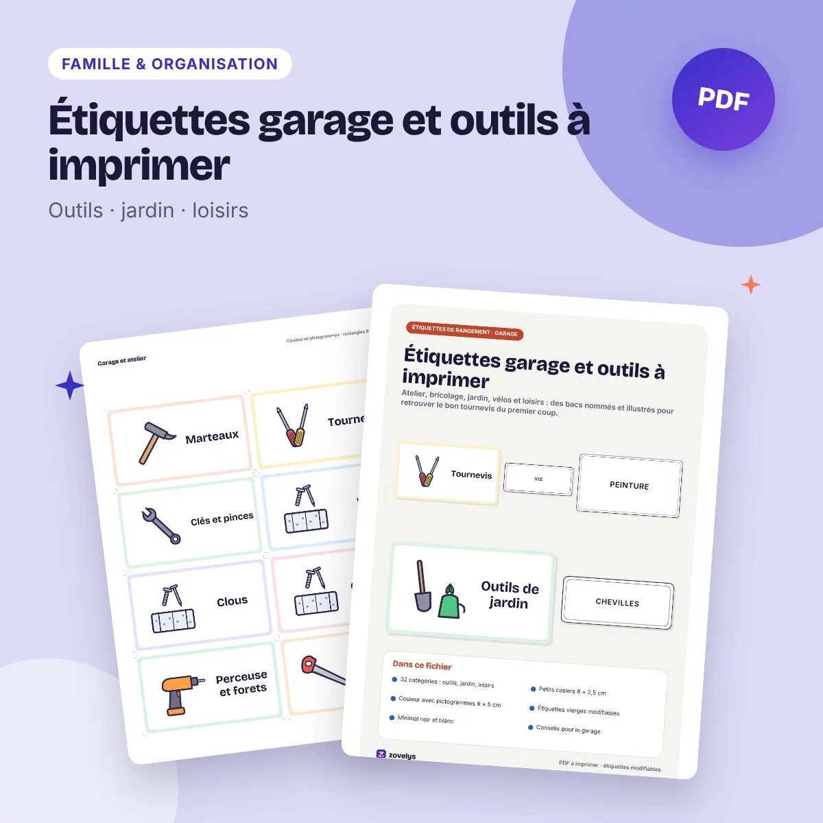 Étiquettes garage et outils à imprimer – atelier, bricolage, jardin, loisirs