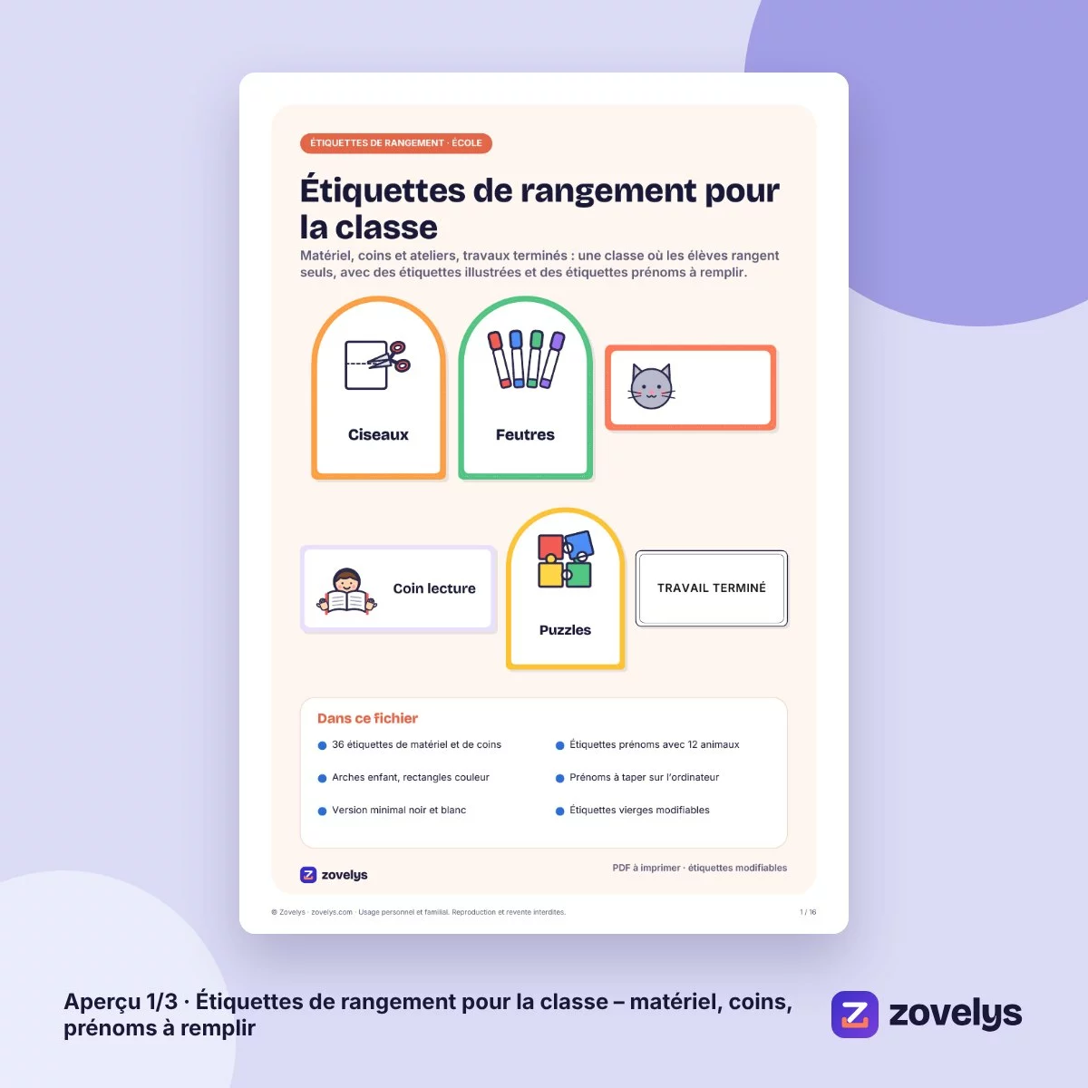 Étiquettes de rangement pour la classe – matériel, coins, prénoms à remplir – aperçu 1