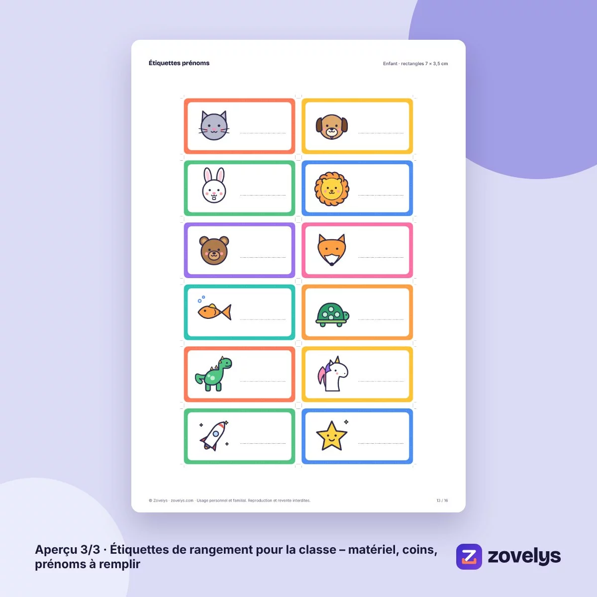 Étiquettes de rangement pour la classe – matériel, coins, prénoms à remplir – aperçu 3