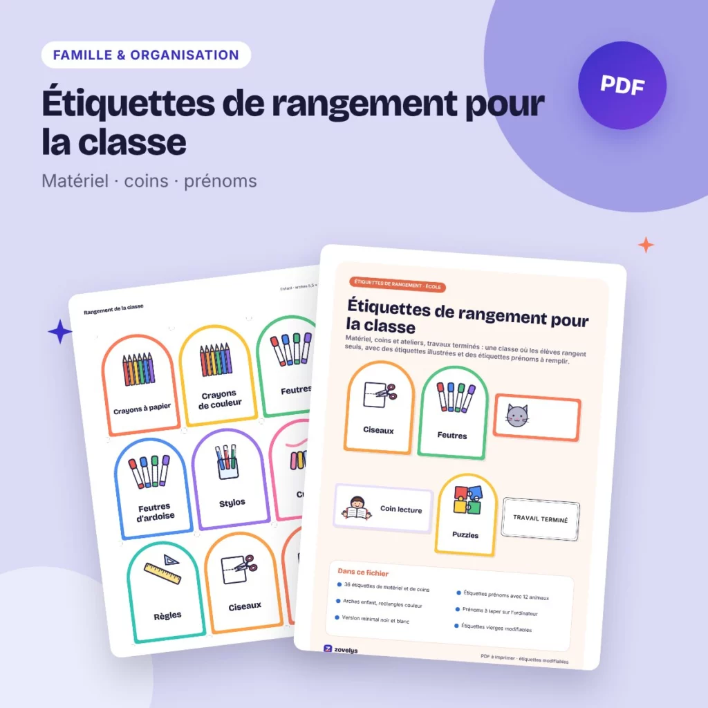 Étiquettes de rangement pour la classe – matériel, coins, prénoms à remplir