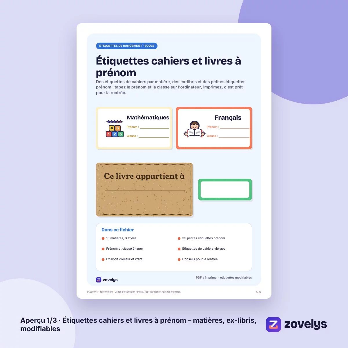 Étiquettes cahiers et livres à prénom – matières, ex-libris, modifiables – aperçu 1