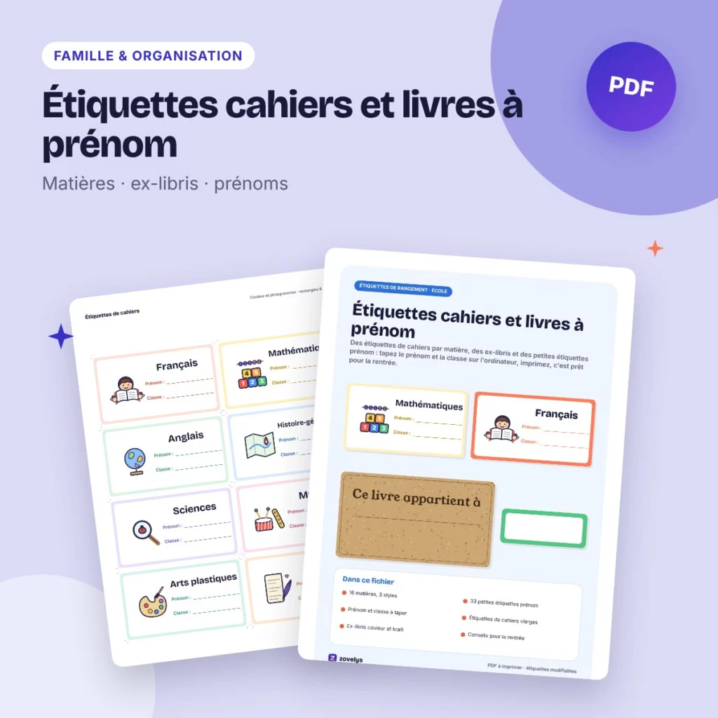 Étiquettes cahiers et livres à prénom – matières, ex-libris, modifiables