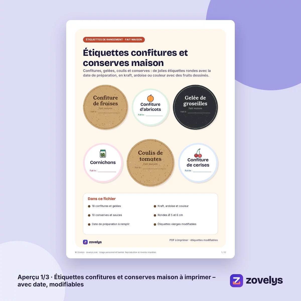 Étiquettes confitures et conserves maison à imprimer – avec date, modifiables – aperçu 1