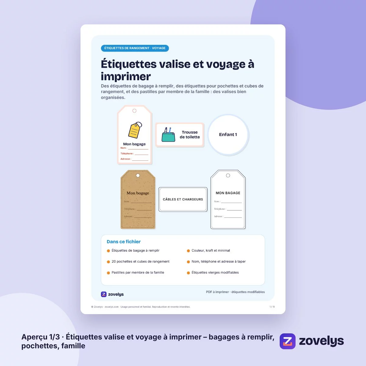 Étiquettes valise et voyage à imprimer – bagages à remplir, pochettes, famille – aperçu 1