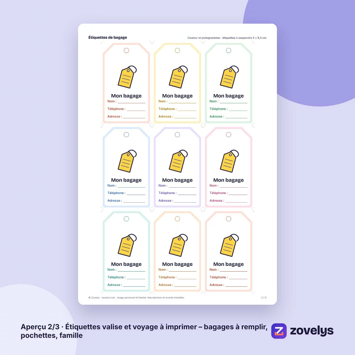 Étiquettes valise et voyage à imprimer – bagages à remplir, pochettes, famille – aperçu 2