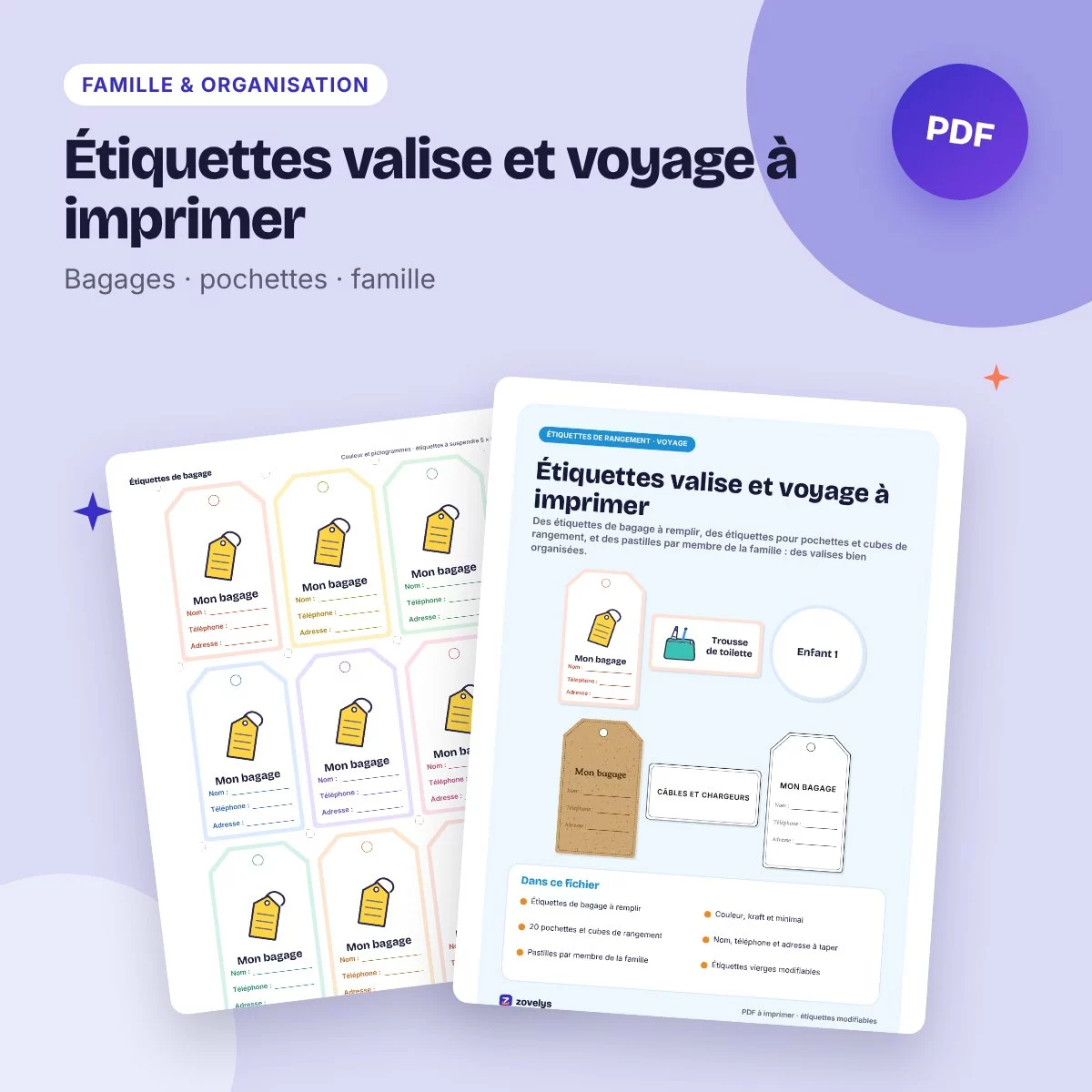 Étiquettes valise et voyage à imprimer – bagages à remplir, pochettes, famille