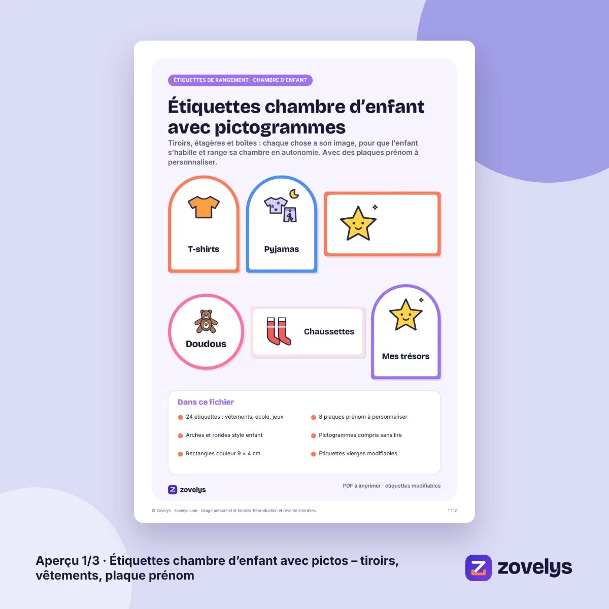 Étiquettes chambre d’enfant avec pictos – tiroirs, vêtements, plaque prénom – aperçu 1